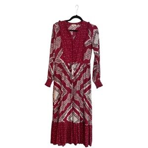 Fat Face Red Floral Maxi Dress Size 2 Long Sleeve Tie Waist Button Up V Neck